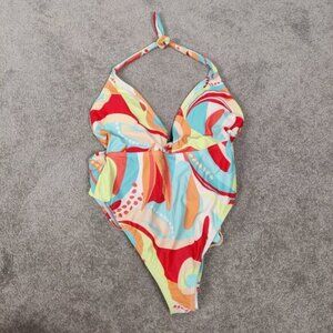 Jessica Simpson Womens Swimsuit Size M Blue Colorful Halter High Leg